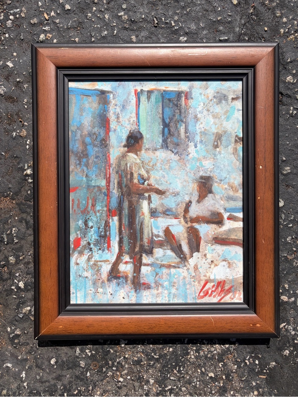 2 Framed Scene Art Print in Brown and Blue SIGNED